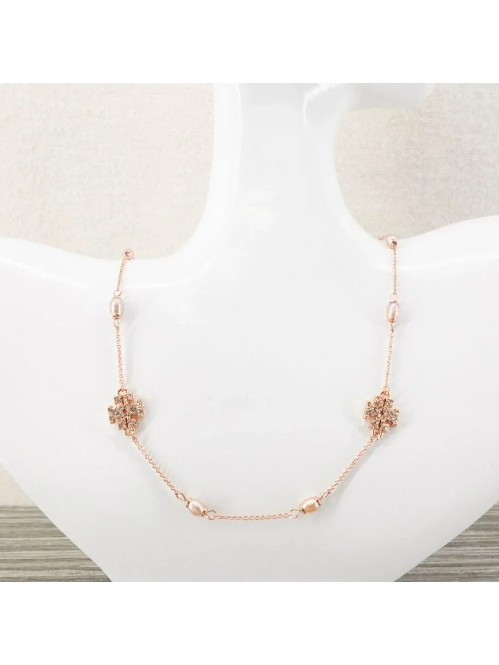 Tory Burch Gemstones and Pearl Necklace Rose Gold OS